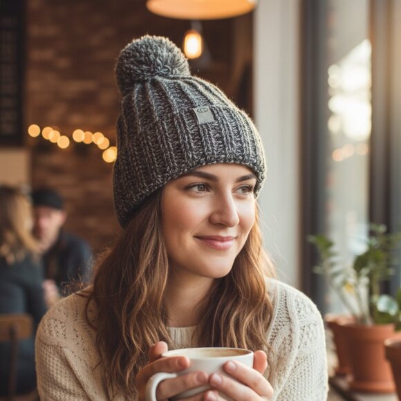 Cozy Grey Heathered Ribbed Knit Beanie with Pom Pom - Winter Hat - Picture 1 of 5